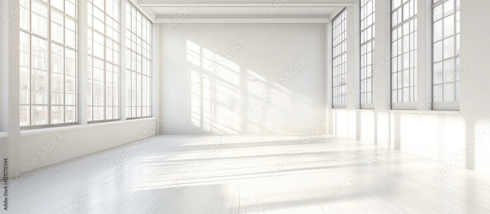 Empty bright white interior space with large windows casting shadows on the floor and ample Copy Space for text placement