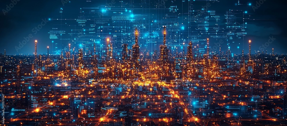 Fototapeta premium Night city industrial complex, data streams, digital future