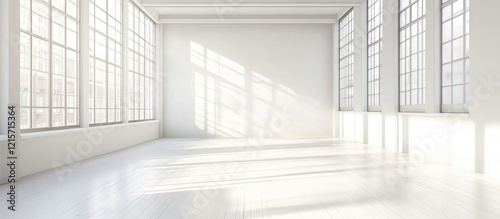 Empty bright white interior space with large windows casting shadows on the floor and ample Copy Space for text placement