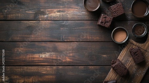 Chocolate dessert arrangement on a wooden surface with cocoa powder, melted chocolate, and brownie pieces Copy Space