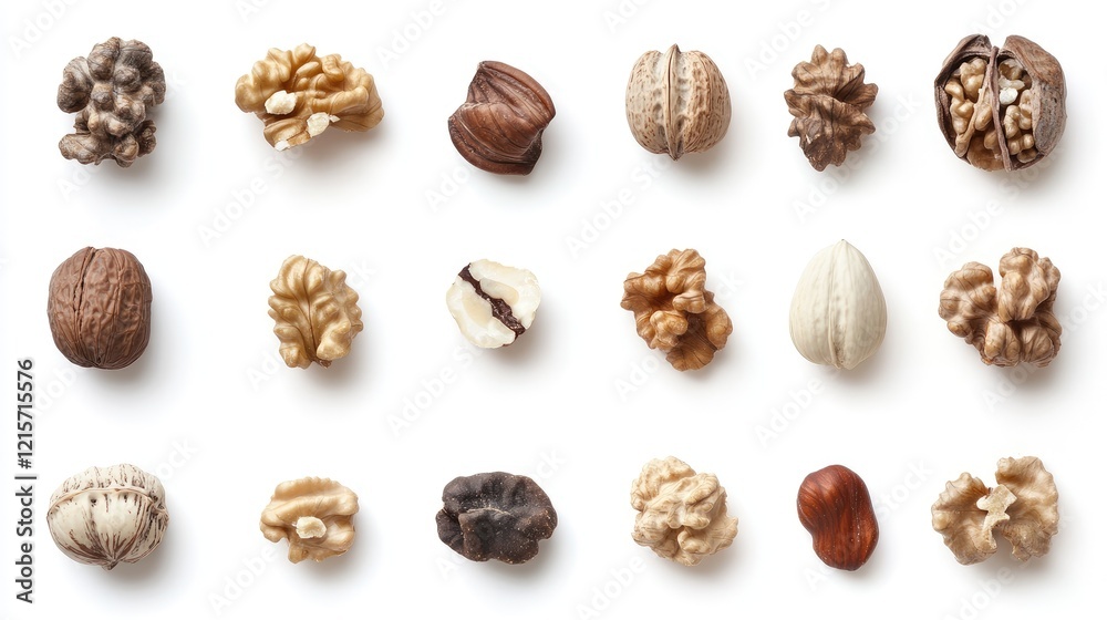Assorted peeled walnuts arranged on white background showcasing diverse shapes and textures for culinary and health-related concepts Assorted peeled walnuts arranged on white background showcasing diverse shapes and textures for culinary and health-related concepts