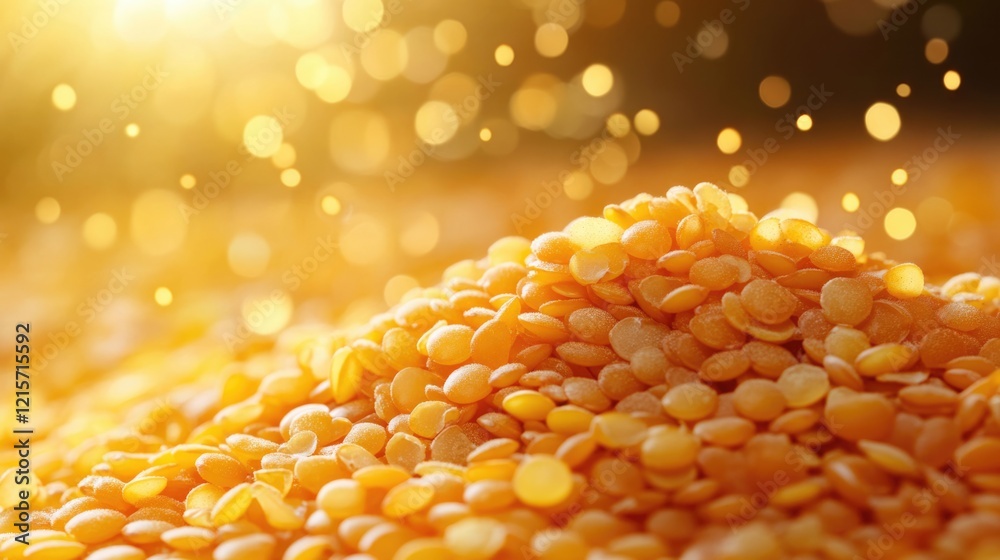 Close-up of golden yellow lentils seeds with bokeh background Copy Space