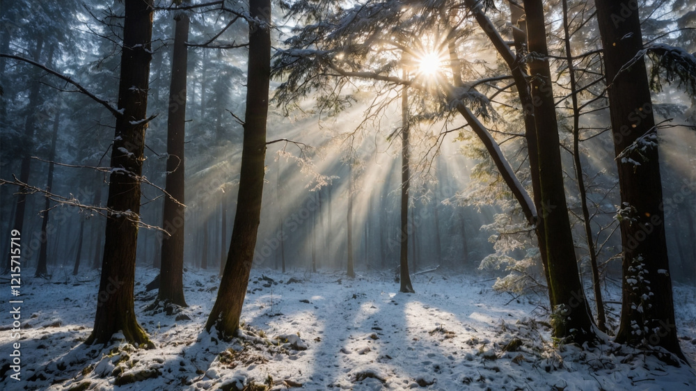 Fototapeta premium Sun rays illuminating a snowy forest scene with trees and winter ambiance