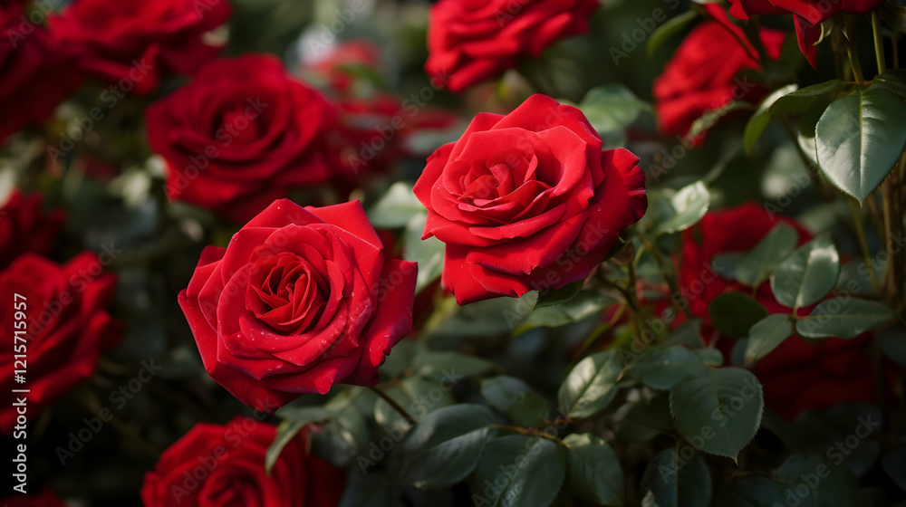 Fototapeta premium Elegance unfolds in a garden of velvety red roses, a timeless display of romantic beauty.