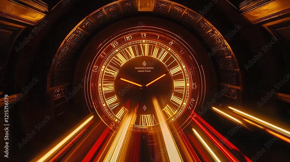 Obraz premium Large ornate clock face with streaks of light, suggesting time travel or speed.