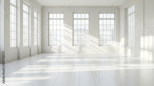 Bright and spacious empty room with white walls and large windows creating natural light and shadows Copy Space