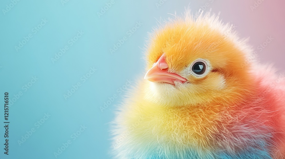 Colorful baby chick with pastel gradient background showcasing vibrant feathers and soft texture Copy Space Colorful baby chick with pastel gradient background showcasing vibrant feathers and soft texture Copy Space
