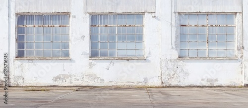 White industrial building facade with uninsulated walls and large windows against a clear sky, ideal for text placement and commercial use. photo