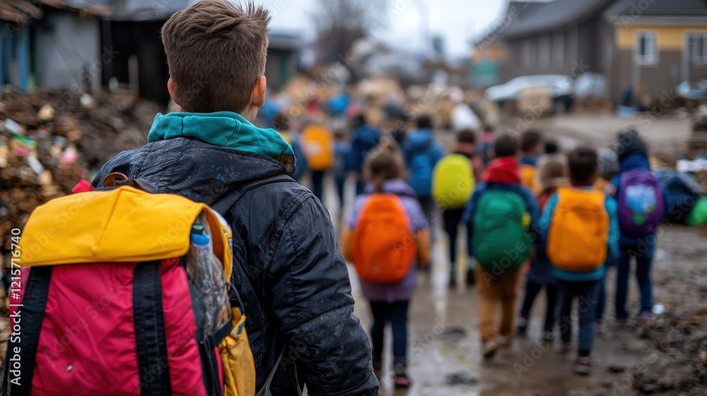 A heartfelt image of children with colorful backpacks walking towards an uncertain future, symbolizing hope, community, and the innocence of youth in challenging environments. A heartfelt image of children with colorful backpacks walking towards an uncertain future, symbolizing hope, community, and the innocence of youth in challenging environments.