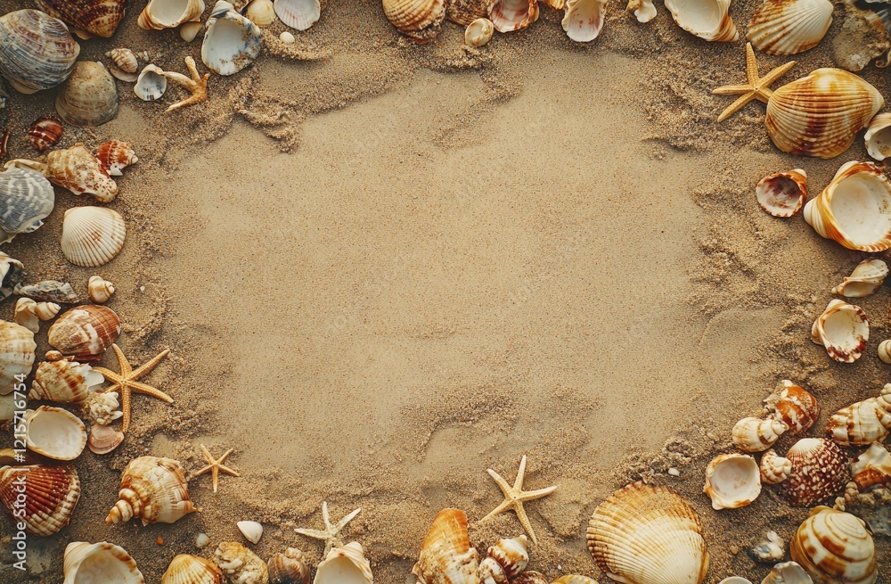 Obraz premium Seashells and Starfish on Sandy Beach Background