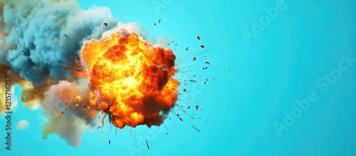 Explosive Fireball with Smoke on Blue Background Copy Space