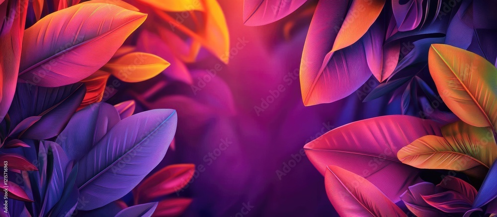 Fototapeta premium Colorful vibrant leaves with a gradient background of purple and orange shades featuring ample copy space for text insertion.
