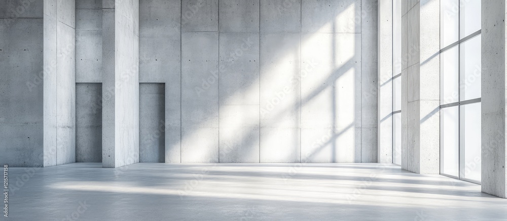 Obraz premium Bright interior of an empty concrete space in a white tall building illuminated by sunlight streaming through large windows, ideal for text placement