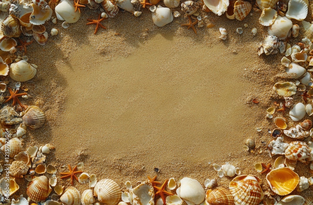 Obraz premium Seashells and Sand Beach Frame Summer Background
