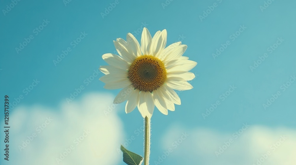 White Sunflower in Front of a Clear Blue Sky with Soft Clouds Texture Bright Spring Floral Close Up Concept White Sunflower in Front of a Clear Blue Sky with Soft Clouds Texture Bright Spring Floral Close Up Concept