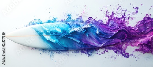 Surfboard Featuring Vibrant Purple and Blue Wave Design on White Background with Dynamic Color Splash and Ample Empty Space for Text photo