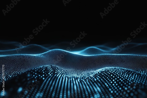 Digital data stream of blue numbers and code flowing in the dark space, a technological background with a light effect.  photo