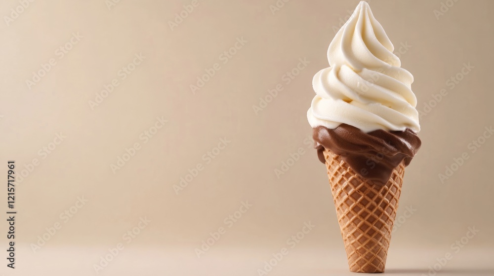 Ice cream cone with soft serve vanilla and chocolate swirl against a neutral background with Copy Space for text placement Ice cream cone with soft serve vanilla and chocolate swirl against a neutral background with Copy Space for text placement