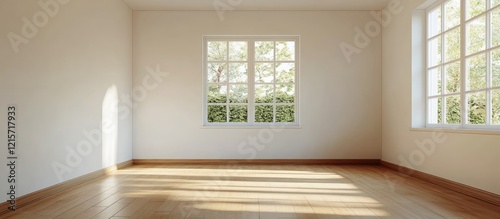 Bright empty room interior with large windows and wooden floor showcasing natural light and greenery outside Copy Space