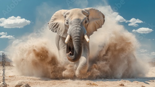 Majestic African elephant charging, kicking up dust in a dry landscape under a vibrant blue sky. photo