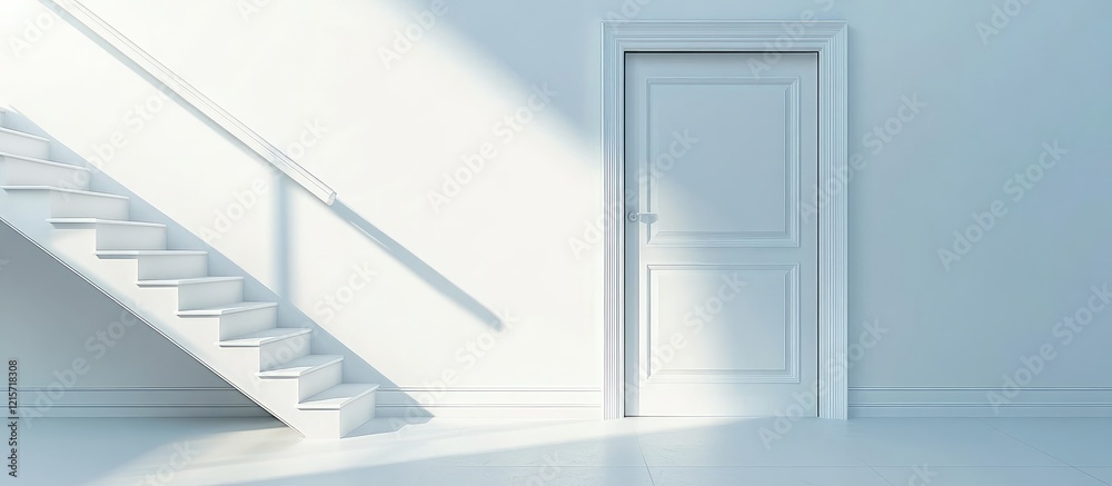 Obraz premium Bright White Interior featuring Minimalist Stairs Leading to a Second Floor Door with Soft Light and Empty Space for Text in Modern Design