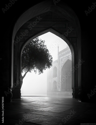 Misty Taj Mahal View Through Archway Black and White Photo