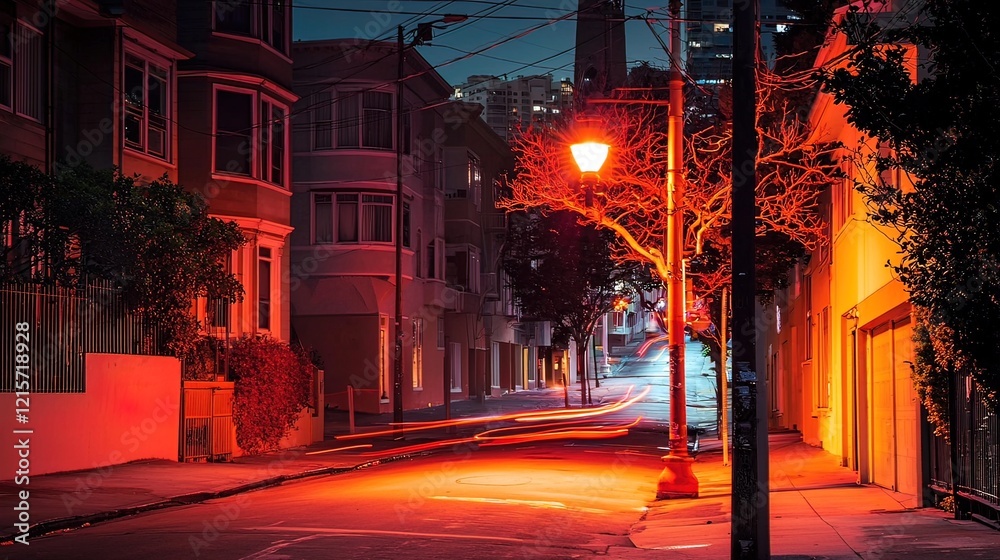 Fototapeta premium Night scene of a quiet residential street, illuminated by streetlights and car lights, showing houses, trees, and a calm atmosphere.