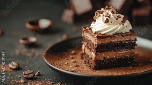 Delicious chocolate cake slice with whipped cream and chocolate shavings on dark textured background Copy Space photo