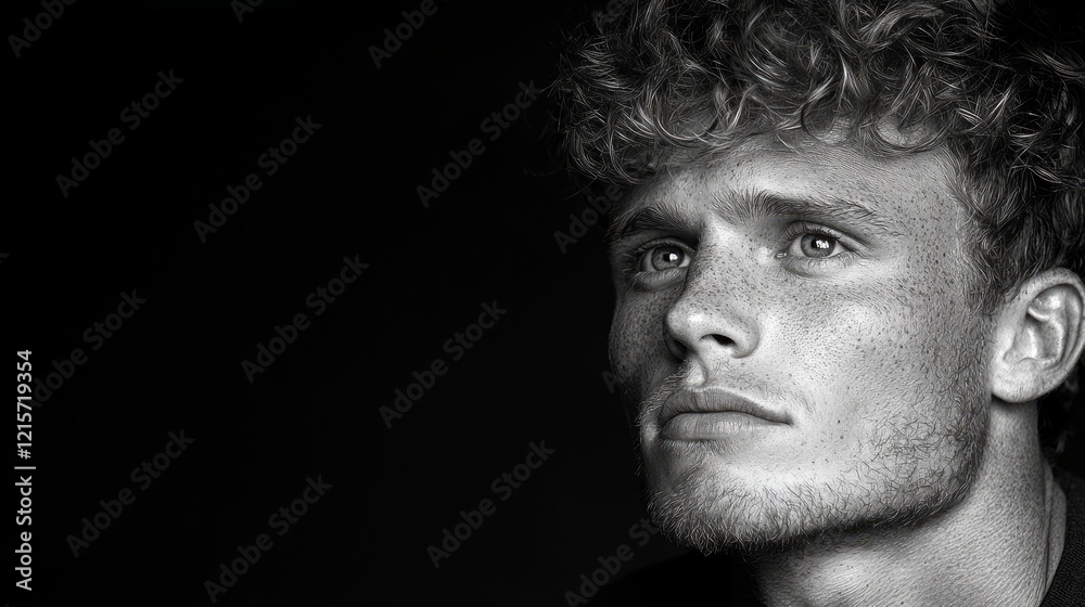 Pensive young man, portrait, dark background, thoughtful expression, website banner Pensive young man, portrait, dark background, thoughtful expression, website banner