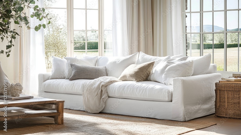Fototapeta premium Bright and airy living room featuring a stylish white sofa adorned with cozy pillows and natural light streaming through large windows