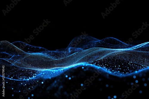 Digital data stream of blue numbers and code flowing in the dark space, a technological background with a light effect.  photo