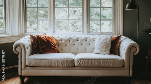 Elegant white sofa with decorative cushions by window featuring a stylish lamp in a cozy living room setting