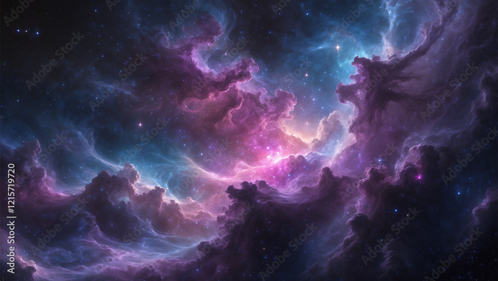 Mystical Nebula Cloudscape with Vibrant Hues and Distant Stars in Cosmic Space Mystical Nebula Cloudscape with Vibrant Hues and Distant Stars in Cosmic Space