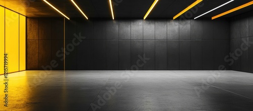 Empty modern interior space with yellow and gray walls and dramatic lighting fixtures Copy Space