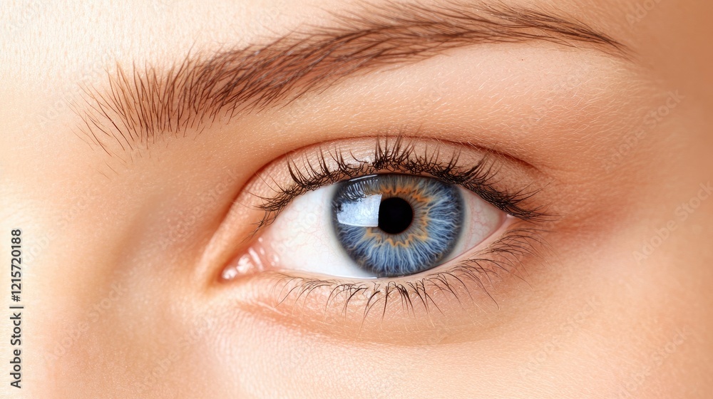 Obraz premium Close-up of a human eye with vibrant blue iris, natural skin tone, and finely detailed eyelashes, Copy Space for text placement