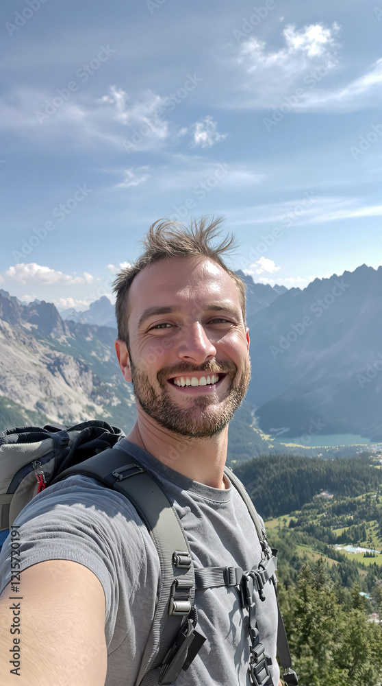 Happy hiker on mountaintop with breathtaking view of valley below Happy hiker on mountaintop with breathtaking view of valley below