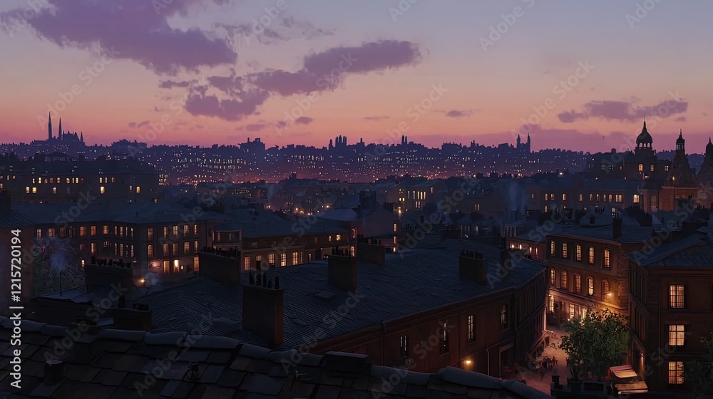 Naklejka premium Panoramic view of a city skyline at twilight, showing rooftops, buildings, and lights.