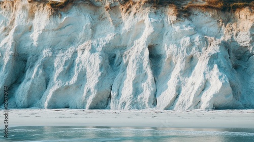 Coastal Cliff with Light Sandstone Texture and Reflection on Calm Water Copy Space photo