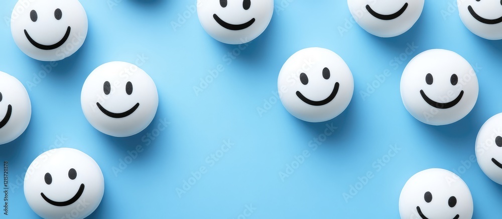 White smiley faces scattered on a light blue background, uplifting creative wallpaper design conveying positive emotions and mood, featuring empty space for text. White smiley faces scattered on a light blue background, uplifting creative wallpaper design conveying positive emotions and mood, featuring empty space for text.