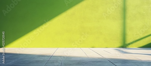 Bright green wall with geometric shadows and empty floor featuring ample copy space for text placement.