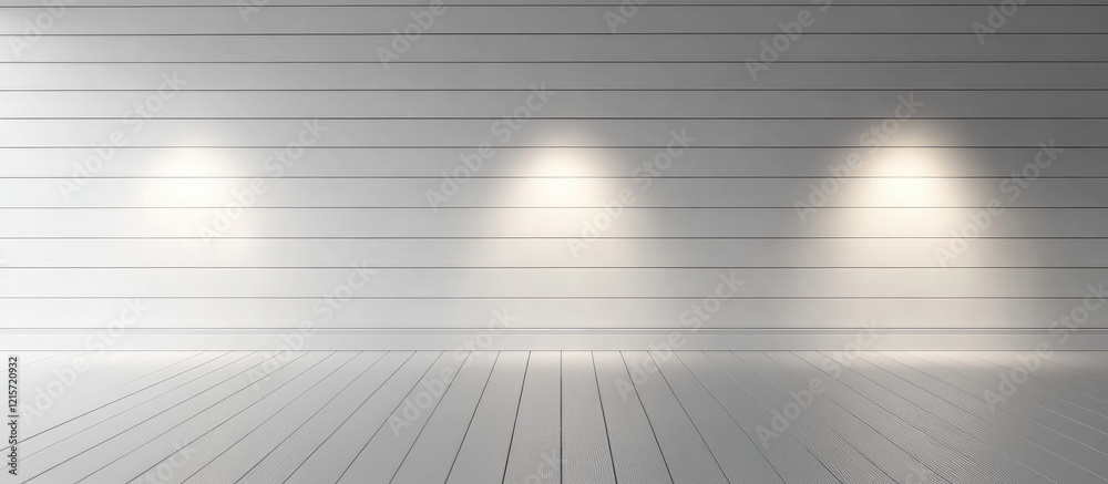 Obraz premium Illuminated white shiplap wall with soft lighting and smooth wooden floor creating spacious ambiance for text placement in bright interior setting