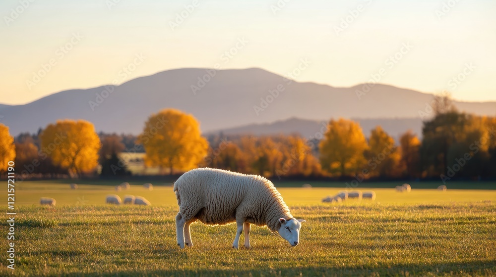 Lone White Sheep Grazing in Golden Meadow with Mountains and Autumn Trees in Background at Sunset Lone White Sheep Grazing in Golden Meadow with Mountains and Autumn Trees in Background at Sunset