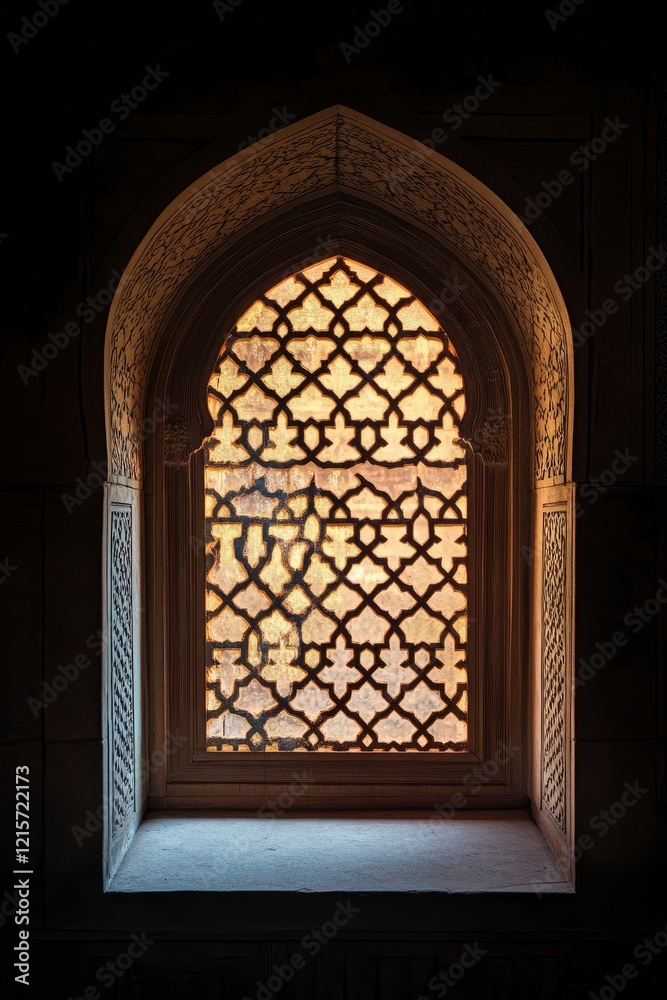 Intricate Stone Jali Window with Golden Light Intricate Stone Jali Window with Golden Light