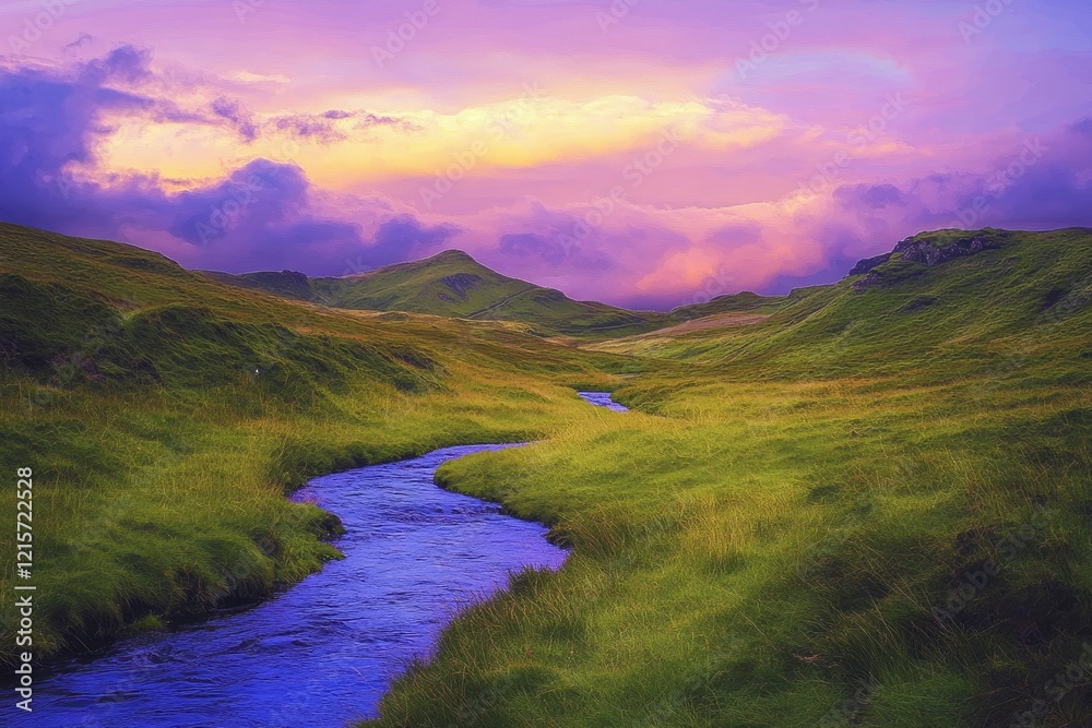 Serene Sunset Landscape Peaceful Stream Green Hills Serene Sunset Landscape Peaceful Stream Green Hills