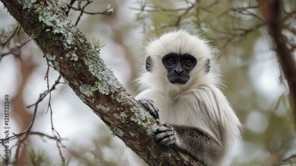 Obraz premium Monk perched on a mossy tree branch, featuring white fur and black facial markings, set against a blurred forest background.