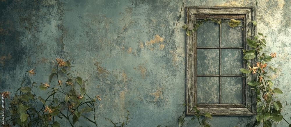 Naklejka premium Weathered wooden window on a crumbling wall adorned with vines symbolizing urban decay and the beauty of forgotten spaces