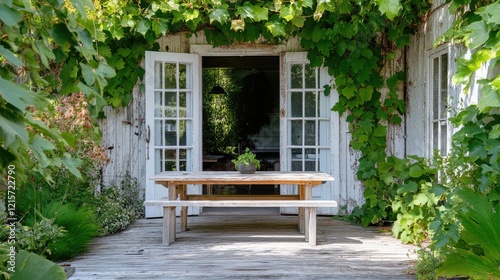 Rustic white wooden table in front of double doors framed by vibrant green ivy in a sunny outdoor garden setting photo