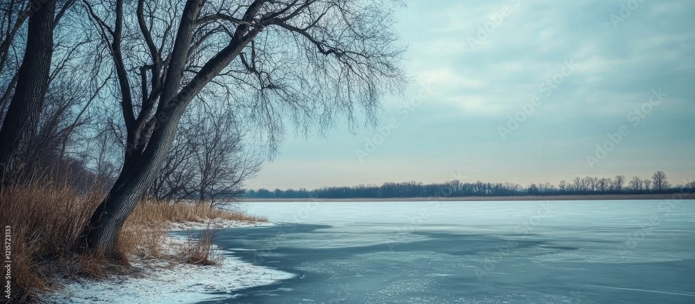 Serene winter landscape featuring a frozen lake with bare trees and a tranquil atmosphere ideal for text placement and seasonal themes