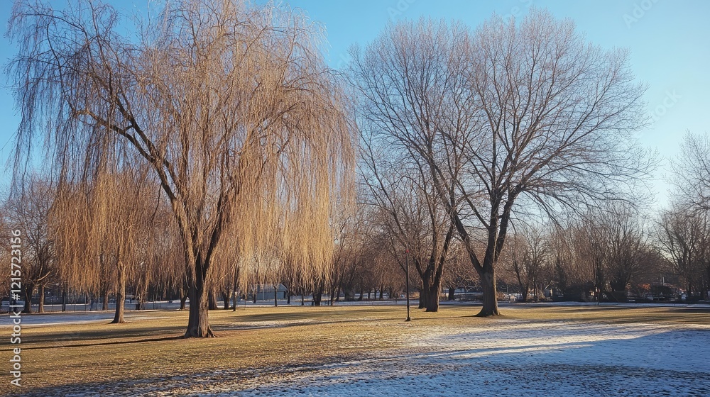 Winter landscape featuring bare trees without leaves in a serene park setting under clear blue skies and soft sunlight. Winter landscape featuring bare trees without leaves in a serene park setting under clear blue skies and soft sunlight.