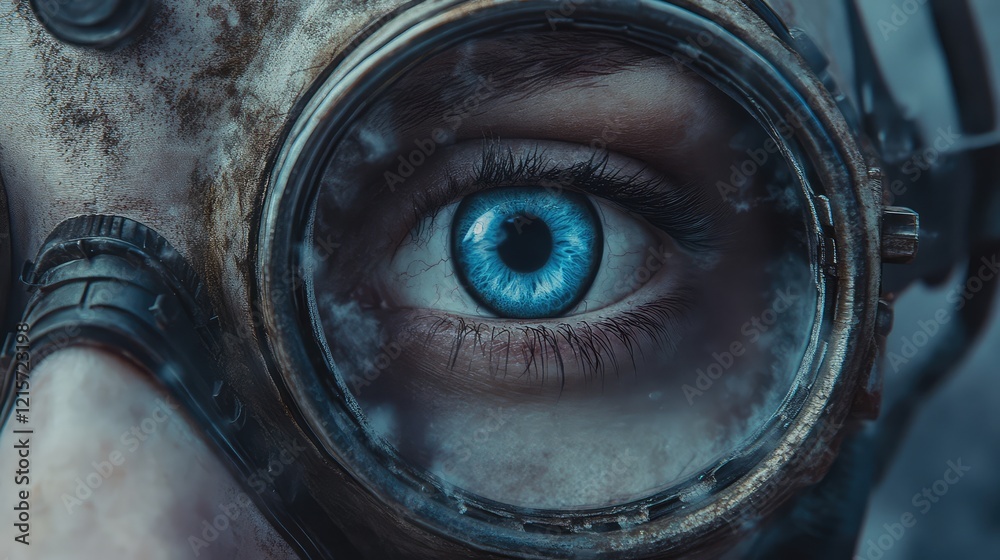 Close-up Portrait of an Intense Blue Eye Behind a Gas Mask with Textured Metallic Details Against a Dark Atmospheric Background Close-up Portrait of an Intense Blue Eye Behind a Gas Mask with Textured Metallic Details Against a Dark Atmospheric Background